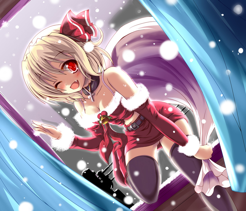 alternate_costume arm_warmers bag bare_shoulders bell black_legwear blonde_hair blush breasts choker cleavage cross cross_necklace curtains fang hair_ribbon hiiragi_tomoka jewelry medium_breasts miniskirt navel necklace one_eye_closed open_mouth open_window red_eyes ribbon rumia sack santa_costume short_hair skirt smile snow snowing solo thighhighs touhou window