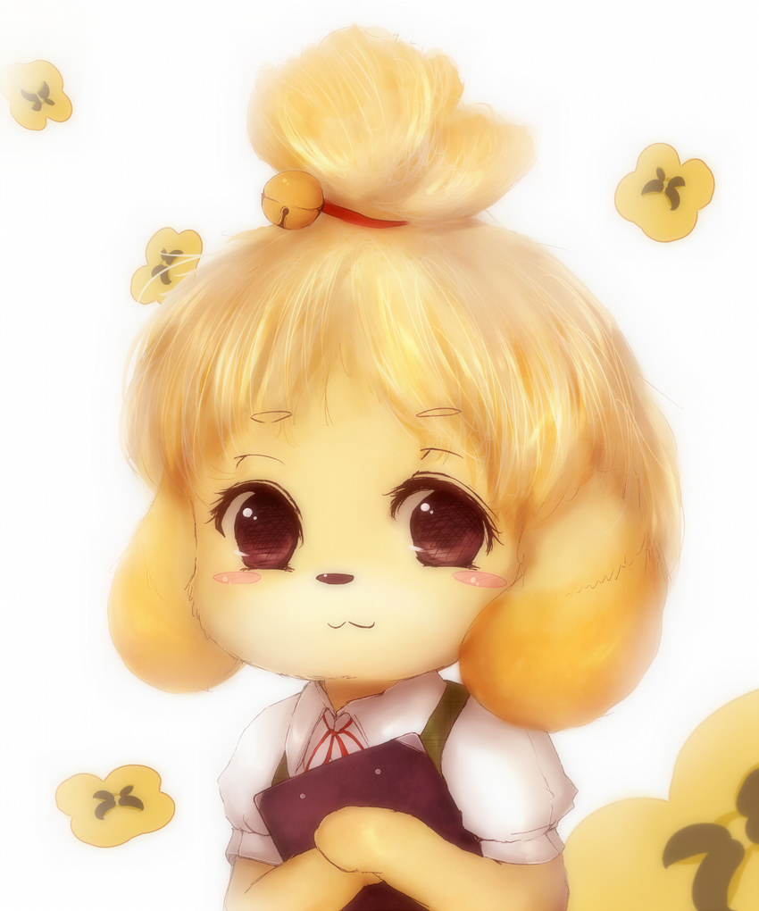 1girl :3 amanojaku animal_crossing animal_ears bell blonde_hair blush blush_stickers book doubutsu_no_mori flower highres holding holding_book paws purple_eyes ribbon shizue_(animal_crossing) shizue_(doubutsu_no_mori) simple_background smile solo topknot uniform white_background