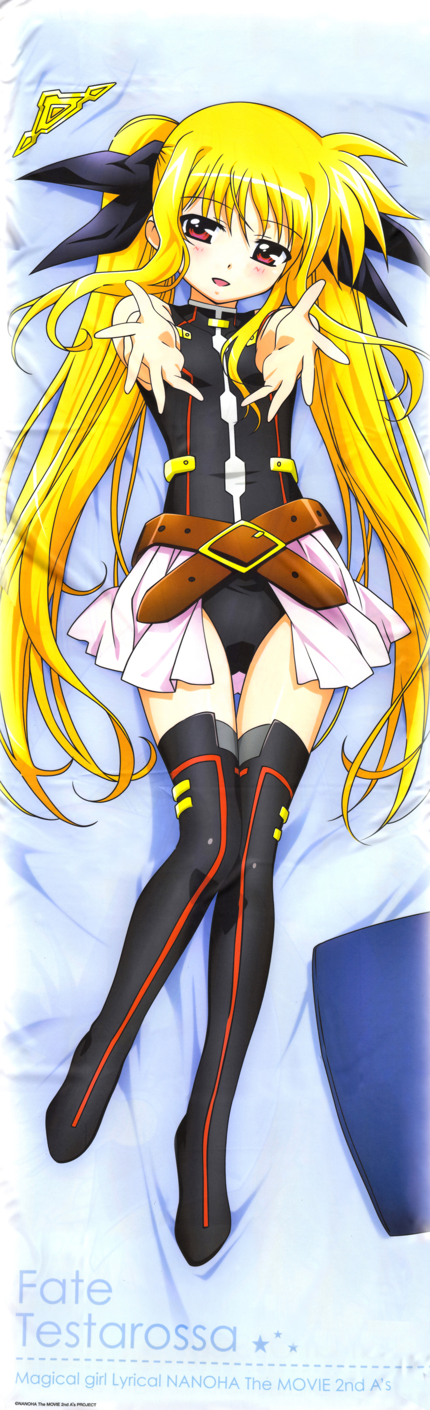 1girl absurdres bardiche belt blonde_hair blush bodysuit bow buckle character_name copyright_name crease dakimakura fate_testarossa hair_bow highres incredibly_absurdres long_hair long_image lyrical_nanoha magical_girl mahou_shoujo_lyrical_nanoha mahou_shoujo_lyrical_nanoha_a's mahou_shoujo_lyrical_nanoha_a's mahou_shoujo_lyrical_nanoha_the_movie_2nd_a's mahou_shoujo_lyrical_nanoha_the_movie_2nd_a's outstretched_arms red_eyes scan skirt solo star tall_image thighhighs title_drop twintails