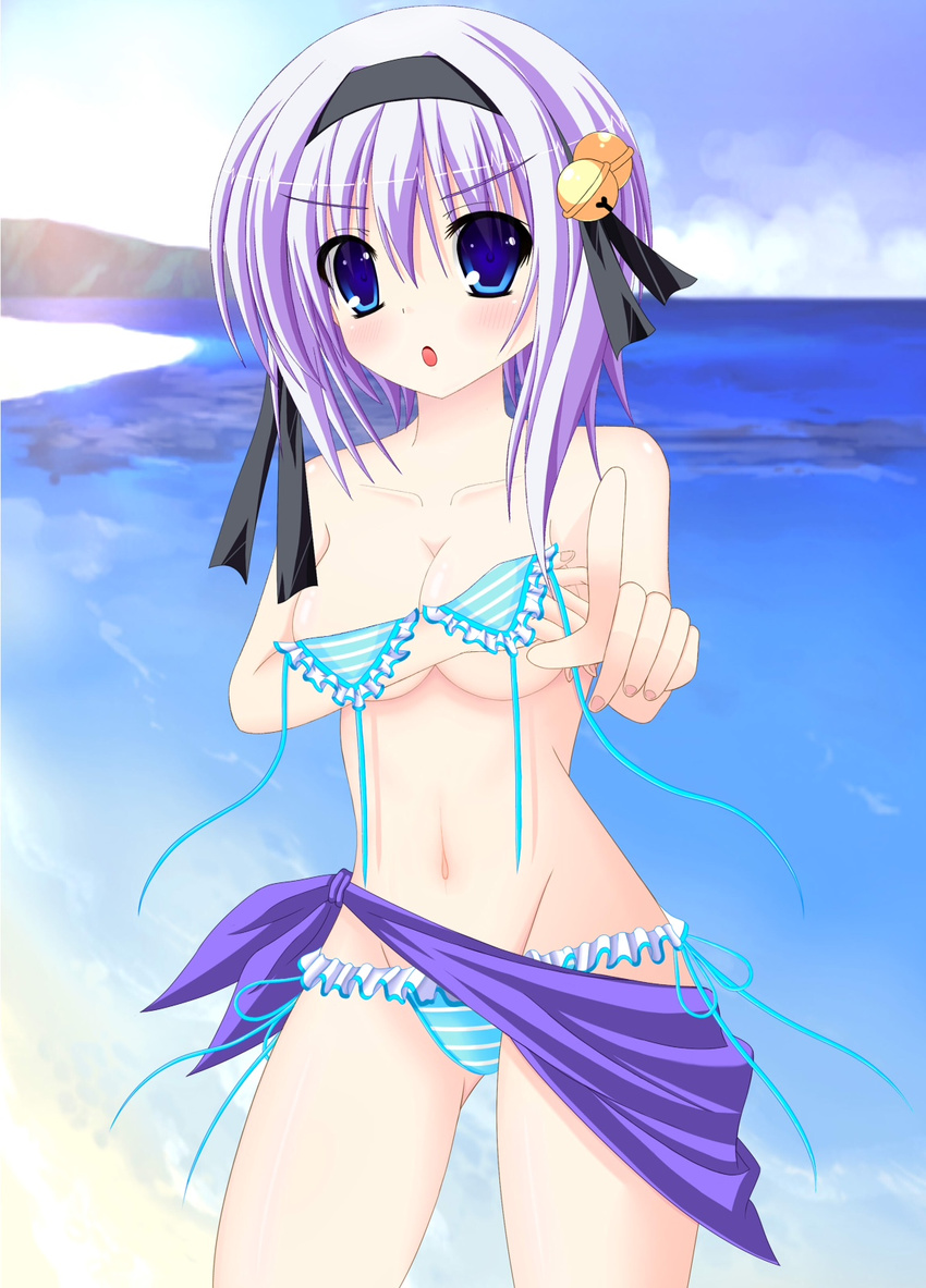 1girl bare_shoulders beach bell bikini blue_eyes breasts cleavage frills hair_ornament hairband highres hinata_ibuki hoshizora_e_kakaru_hashi midriff navel ocean open_mouth purple_hair sea short_hair swimsuit water