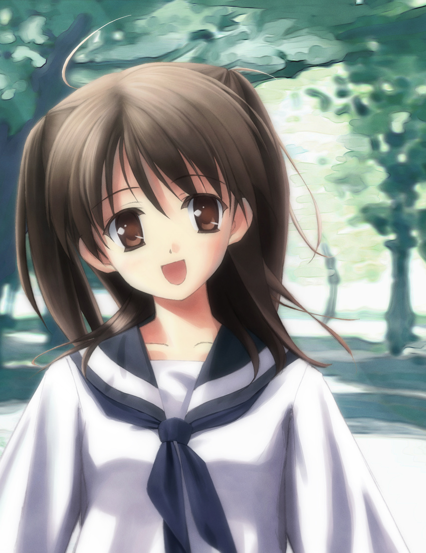 :d bangs brown_eyes brown_hair highres long_hair looking_at_viewer neckerchief open_mouth original orino_yushi school_uniform serafuku smile solo two_side_up upper_body