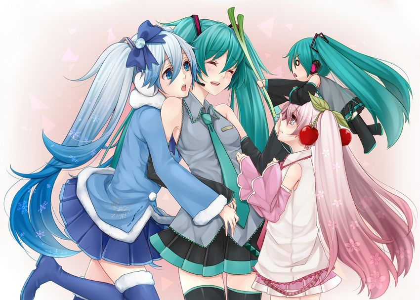 :o ^_^ aqua_hair bad_id bad_pixiv_id bare_shoulders black_legwear blue_eyes blue_hair blue_legwear blush boots bow cherry closed_eyes detached_sleeves food fruit hachune_miku hair_bow hair_ornament hand_on_headphones hatsune_miku holding leg_up long_hair masami_chie minigirl multiple_girls o_o pink_hair sakura_miku skirt spring_onion tears thigh_boots thighhighs twintails very_long_hair vocaloid yuki_miku