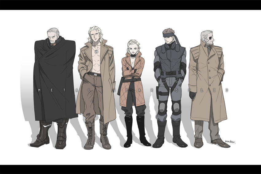 4boys abs bacher bandana beard big_boss blonde_hair bodysuit boots breasts brown_hair cape choker cleavage coat combat_boots cross-laced_footwear crossed_arms dog_tags elbow_pads eva_(mgs) eyepatch facial_hair ghost_in_the_shell ghost_in_the_shell_lineup ghost_in_the_shell_stand_alone_complex gloves grey_hair hand_in_pocket knee_pads lace-up_boots liquid_snake mature medium_breasts metal_gear_(series) metal_gear_solid metal_gear_solid_2 mullet multiple_boys mustache open_clothes open_coat parody shirtless sneaking_suit solid_snake solidus_snake trench_coat