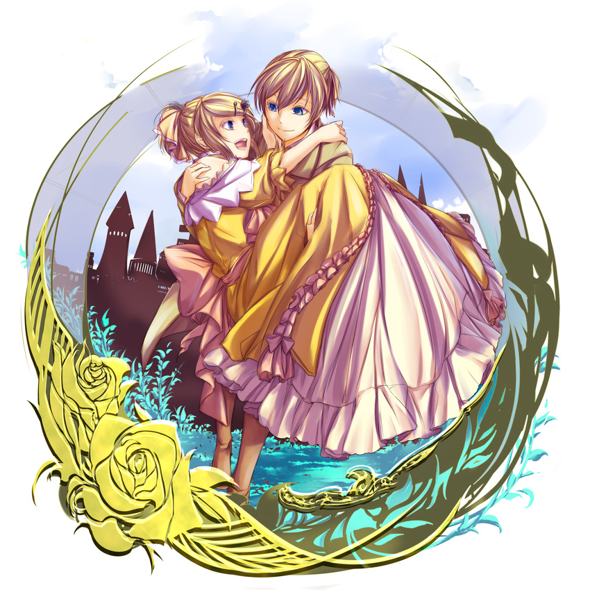 1girl aku_no_musume_(vocaloid) allen_avadonia aqua_eyes bare_shoulders blonde_hair brother_and_sister carrying commentary_request dress evillious_nendaiki good_end hair_ornament hair_ribbon hairclip highres ichi_ka japanese_clothes kagamine_len kagamine_rin open_mouth ponytail princess_carry ribbon riliane_lucifen_d'autriche short_hair short_ponytail siblings skirt smile twins vocaloid what_if
