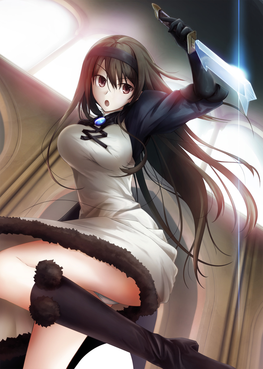 agnes_oblige black_eyes boots bouncing_breasts bravely_default:_flying_fairy bravely_default_(series) breasts brown_hair cape dress elbow_gloves gloves hairband highres knee_boots knife large_breasts long_hair open_mouth panties pantyshot puffy_sleeves skirt solo unaligned_breasts underwear weapon white_panties yoshida_takuma