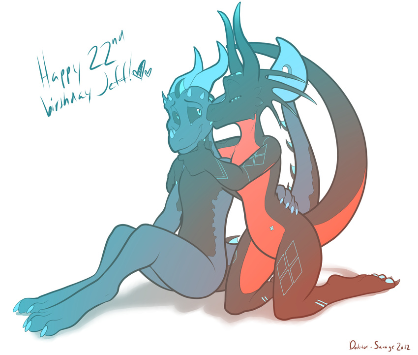 &lt;3 2012 anthro blue_eyes claws couple cute doktor-savage dragon embrace english english_text eyes_open female four_toes invalid_tag kissing licking male markings plain_background savage scalie straight text tongue zenta