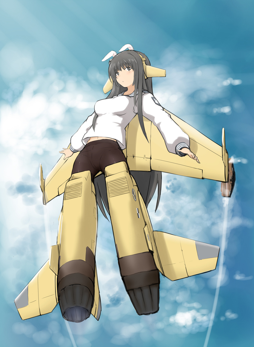 aircraft_carrier animal_ears bunny bunny_ears canards cloud copyright_request crotch_seam from_above highres hu_sea liaoning_(aircraft_carrier) long_hair mecha_musume military military_vehicle ocean panties panties_under_pantyhose pantyhose people's_liberation_army personification school_uniform serafuku shenyang_j-15 ship solo striker_unit thighband_pantyhose underwear warship watercraft