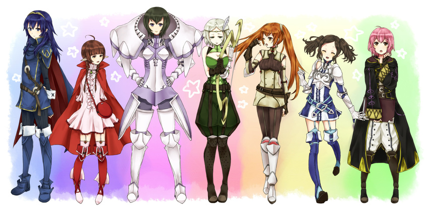:d :o ahoge annotated arm_up armor bag bangs black_hair blue_eyes blue_hair blue_legwear blush book boots bow_(weapon) braid breastplate breasts brown_eyes brown_hair cape cleavage cleavage_cutout clenched_hand cloak closed_eyes cynthia_(fire_emblem) degel detached_sleeves dress elbow_gloves embarrassed fingerless_gloves fire_emblem fire_emblem:_kakusei frills gauntlets gloves green_eyes hair_between_eyes hair_flip handbag hands_on_hips height_difference highres hood hooded_jacket huge_breasts jacket knee_boots laughing leg_garter long_hair lucina mamkute mark_(female)_(fire_emblem) mark_(fire_emblem) migime1 multiple_girls nn_(fire_emblem) noire_(fire_emblem) one_eye_closed open_mouth pants parted_bangs pink_hair pink_legwear pointy_ears puffy_pants purple_eyes rainbow_background running selena_(fire_emblem) short_dress short_hair short_twintails shoulder_armor silver_hair sleeves_past_wrists smile spaulders striped striped_legwear sweat swept_bangs tears thigh_boots thighhighs tiara twin_braids twintails v_arms vertical-striped_legwear vertical_stripes weapon zettai_ryouiki