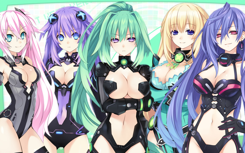 5girls bare_shoulders black_heart blonde_hair blue_eyes blue_hair bodysuit breasts choujigen_game_neptune cleavage compile_heart earrings green_hair green_heart hand_on_hip hand_on_hips highres idea_factory iris_heart jewelry large_breasts long_hair looking_at_viewer multiple_girls navel neptune_(choujigen_game_neptune) neptune_(series) noire pink_eyes pink_hair ponytail purple_eyes purple_hair purple_heart purple_sister pururut serious smile standing vert