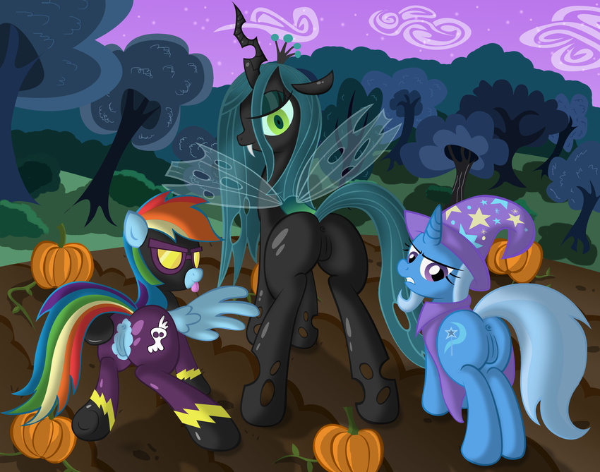 absurd_res anus blue_fur butt changeling cutie_mark equine female feral friendship_is_magic fur green_eyes green_hair group hair hat hi_res horn horse looking_at_viewer looking_back mammal multi-colored_hair my_little_pony night outside pegasus pony presenting presenting_hindquarters pumpkin purple_eyes pussy queen_chrysalis_(mlp) rainbow_dash_(mlp) rainbow_hair shadowbolts_(mlp) tongue tongue_out trixie_(mlp) two_tone_hair unicorn wings wizard_hat ziemniax