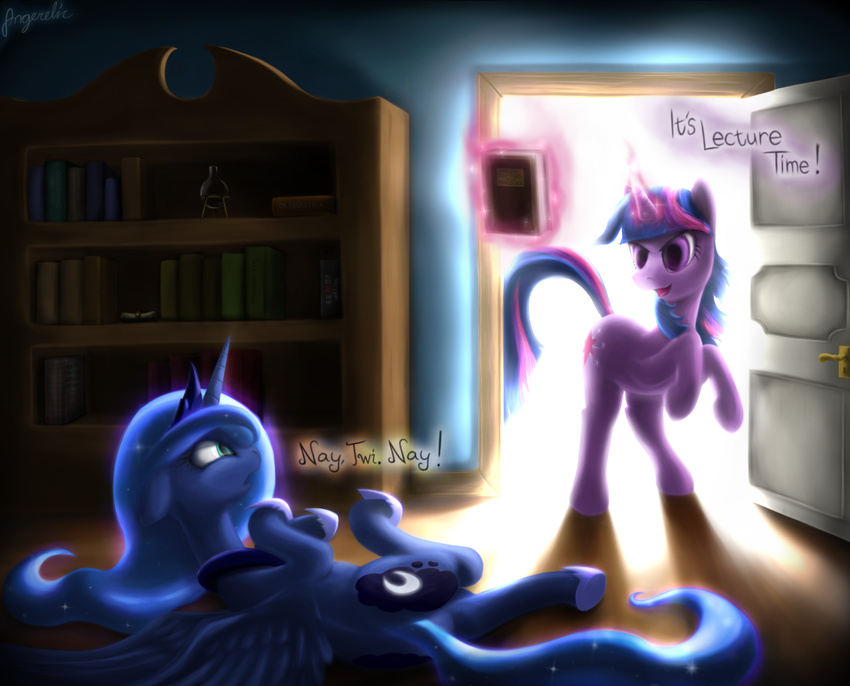 angerelic blue_hair bookcase crown cutie_mark door duo english_text equine female feral friendship_is_magic goofy_time hair hi_res horn horse long_hair lying mammal meme metro_2033 multi-colored_hair my_little_pony on_side parody pony princess_luna_(mlp) purple_eyes royalty text twilight_sparkle_(mlp) unicorn winged_unicorn wings