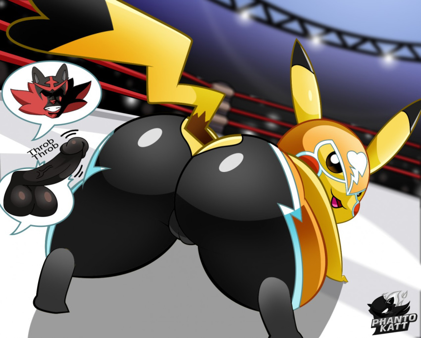 2018 balls big_butt black_fur butt camel_toe cleft_tail clothed clothing cosplay_pikachu disembodied_penis duo erection female female_focus feral fighting_ring fur humanoid_penis incineroar looking_back male male/female mask nintendo open_mouth penis phanto-katt pictographics pikachu pikachu_libre pok&eacute;mon pok&eacute;mon_(species) presenting red_fur signature smile teeth tongue video_games