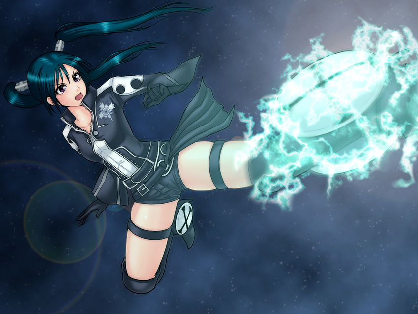 1girl belt black_hair boots d.gray-man gloves hamu_agaki kick kicking lenalee_lee long_hair purple_eyes shorts simple_background solo thigh_strap twintails zipper