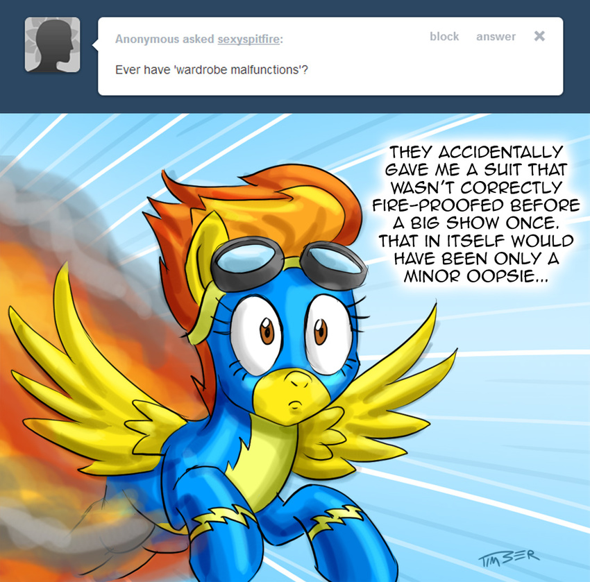 dialog dialogue english_text equine female feral fire friendship_is_magic hair horse mammal my_little_pony pegasus pluckyninja pony solo spitfire_(mlp) text timber_(artist) tumblr two_tone_hair wings wonderbolts_(mlp)