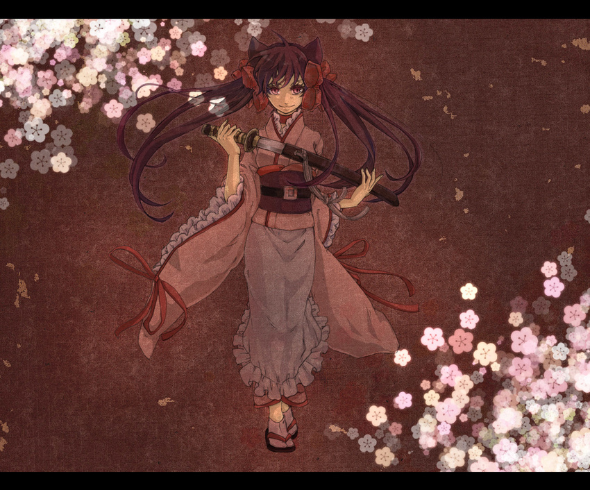 animal_ears black_hair flower fox_ears hair_ribbon japanese_clothes kimono long_hair otome_youkai_zakuro purple_eyes ribbon smile solo sword takigami twintails very_long_hair weapon zakuro_(otome_youkai_zakuro)