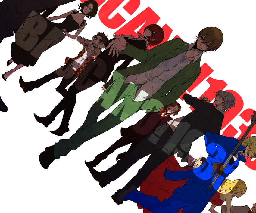 6+boys anbiento baccano! black_hair blonde_hair brown_eyes brown_hair chane_laforet christopher_shouldered dress dutch_angle ennis firo_prochainezo formal gloves graham_spector hat highres isaac_dian jacuzzi_splot ladd_russo long_hair miria_harvent multiple_boys multiple_girls red_hair shaft_(baccano) short_hair smile suit wrench