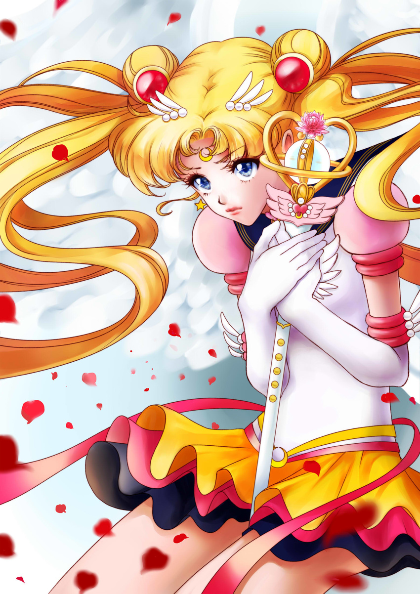 absurdres bishoujo_senshi_sailor_moon blonde_hair blue_eyes blue_sailor_collar blurry cowboy_shot crescent_moon depth_of_field eternal_sailor_moon eternal_tiare facial_mark forehead_mark hair_ornament hairclip highres holding holding_staff layered_skirt lips long_hair magical_girl megumi_choco moon petals rose_petals sailor_collar sailor_moon sailor_senshi_uniform skirt solo staff tsukino_usagi twintails wand