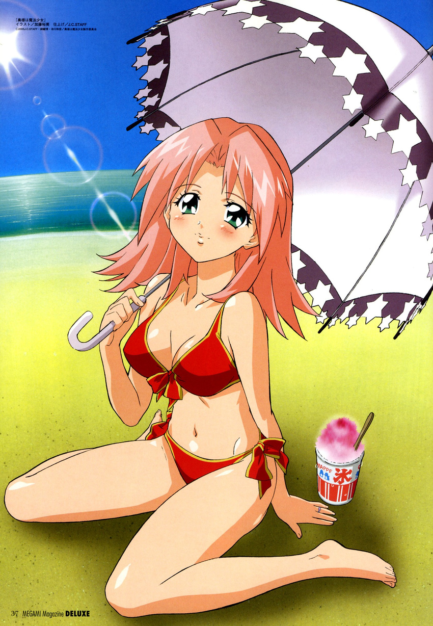 1girl asaba_ureshiko barefoot beach bikini blush green_eyes highres katou_hiromi long_hair megami navel okusama_wa_mahou_shoujo pink_hair shaved_ice sitting solo swimsuit umbrella wariza