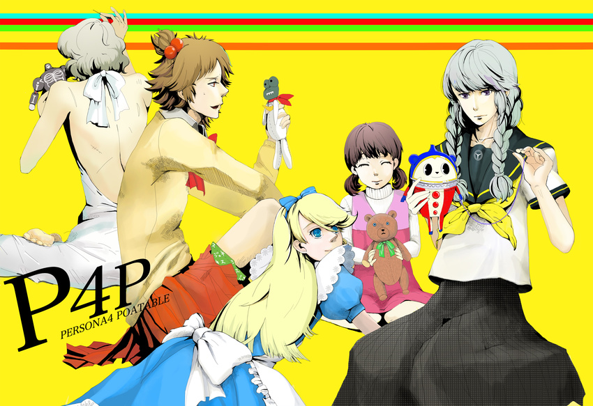 4boys alice_(wonderland) bad_id bad_pixiv_id black_hair blue_eyes brown_eyes brown_hair crossdressing doujima_nanako engrish grey_hair hanamura_yousuke highres kuma_(persona_4) long_hair multiple_boys narukami_yuu neko_otaku persona persona_4 ranguage tatsumi_kanji twintails