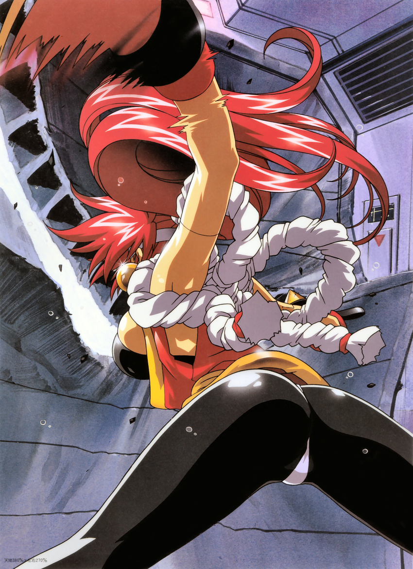 90s absurdres bloodberry from_behind from_below gloves highres kotobuki_tsukasa long_hair official_art red_hair saber_marionette_j solo spandex