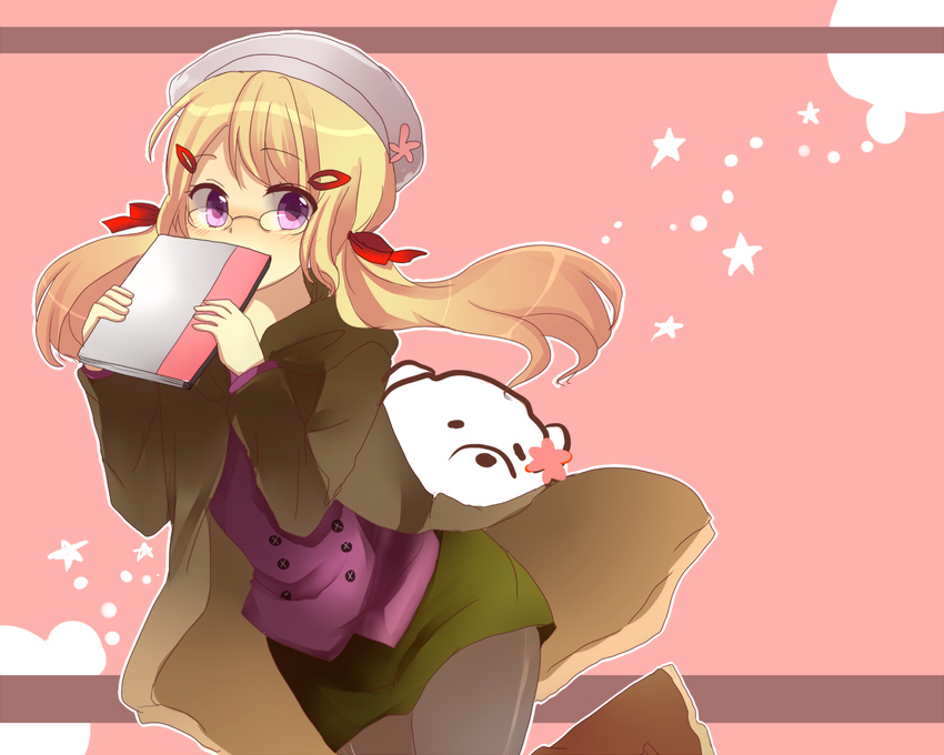 axis_powers_hetalia bad_id bad_pixiv_id bear beret blonde_hair boots canada_(hetalia) covering_mouth flower genderswap genderswap_(mtf) glasses hair_ornament hair_ribbon hairclip hat jacket kumajirou_(hetalia) miniskirt notebook pantyhose polar_bear ribbon skirt solo star twintails zentya