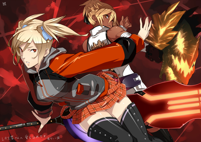 2girls bare_shoulders blonde_hair dark_skin god_eater god_eater_burst highres hood hoodie looking_back multiple_girls plaid plaid_skirt player_(god_eater_burst) red_eyes skirt thighhighs zettai_ryouiki