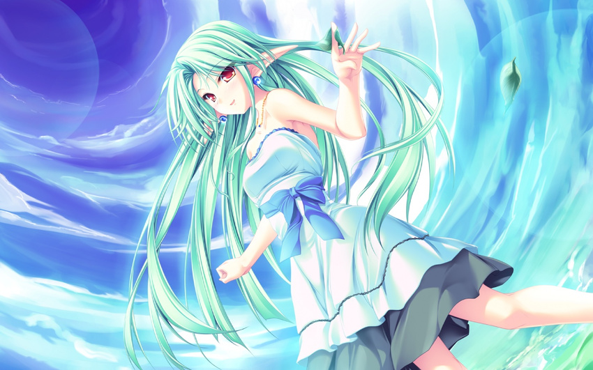 cecile_absentia day dress green_hair lens_flare long_hair magus_tale pointy_ears red_eyes ribbon skirt sky solo strapless tenmaso