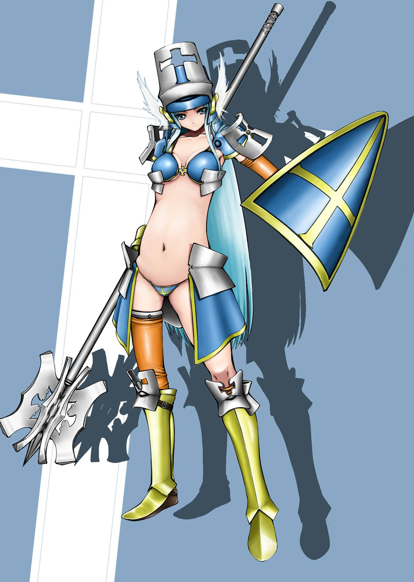 armor bikini bikini_armor blue_eyes blue_hair boots dragon_quest dragon_quest_iii hat head_wings helm helmet highres kougen_pooku mace mitre priest_(dq3) shield soldier_(dq3) solo swimsuit weapon