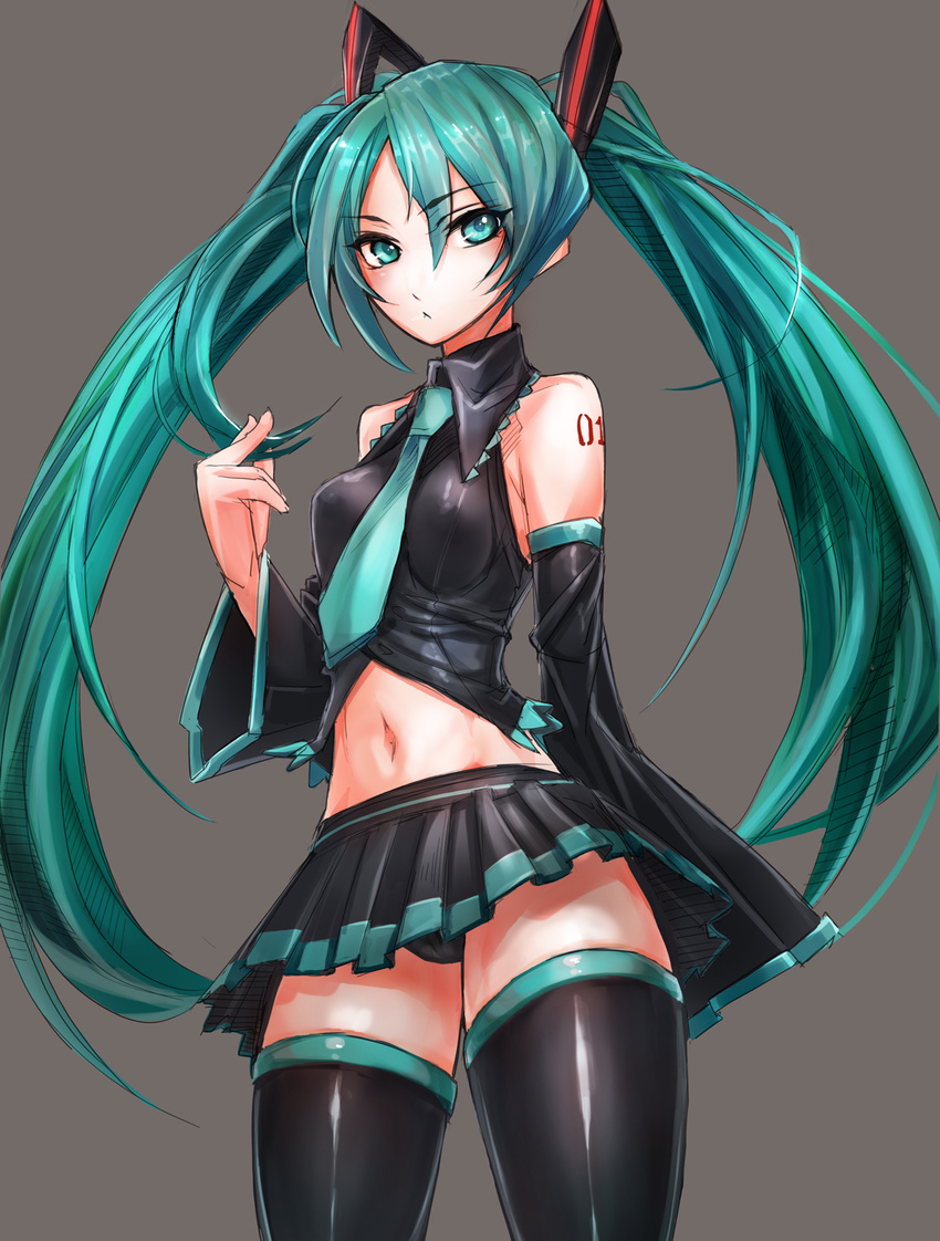 :&lt; aqua_eyes aqua_hair bare_shoulders black_legwear black_panties blush breasts detached_sleeves hair_ornament hatsune_miku highres long_hair looking_at_viewer medium_breasts midriff navel necktie panties playing_with_own_hair skirt solo taishi_(picchiridou) thighhighs twintails underwear very_long_hair vocaloid