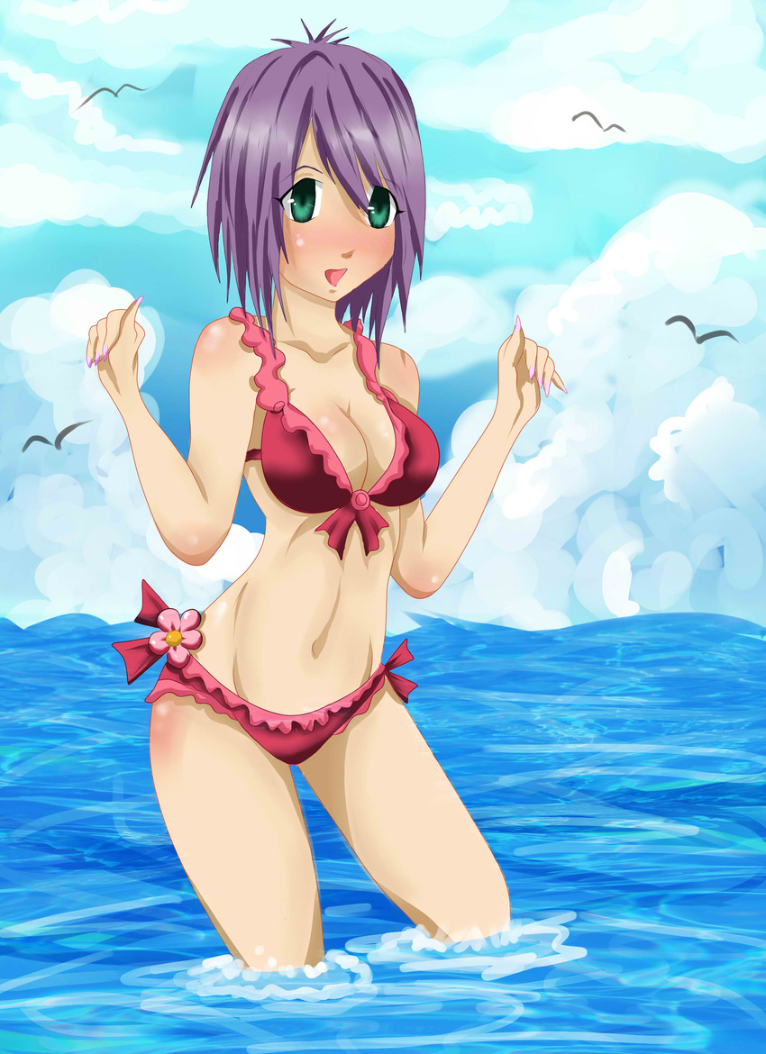 absurdres beach bikini blue_eyes blush dress highres katia_anderson level-5 level_5 pink_bikini professor_layton purple_hair short_hair solo swimsuit water