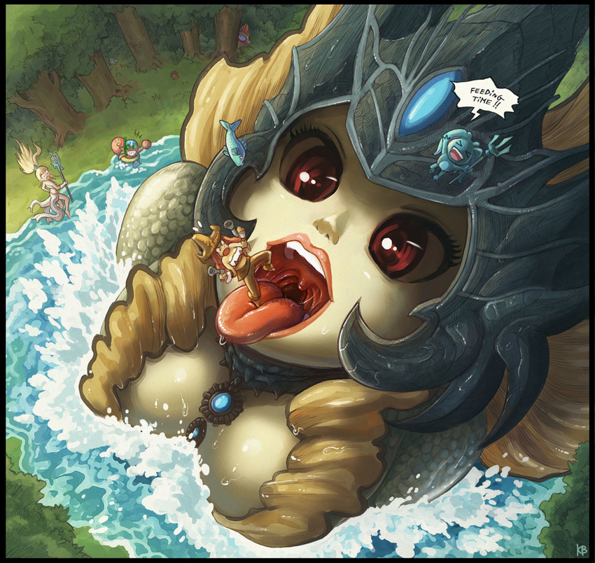 fizz_(league_of_legends) forehead_protector giantess janna_windforce karbo league_of_legends lips looking_up lulu_(league_of_legends) mermaid monster_girl multiple_girls nami_(league_of_legends) open_mouth pool_party_ziggs red_eyes saliva sarah_fortune staff tree uvula vore water ziggs