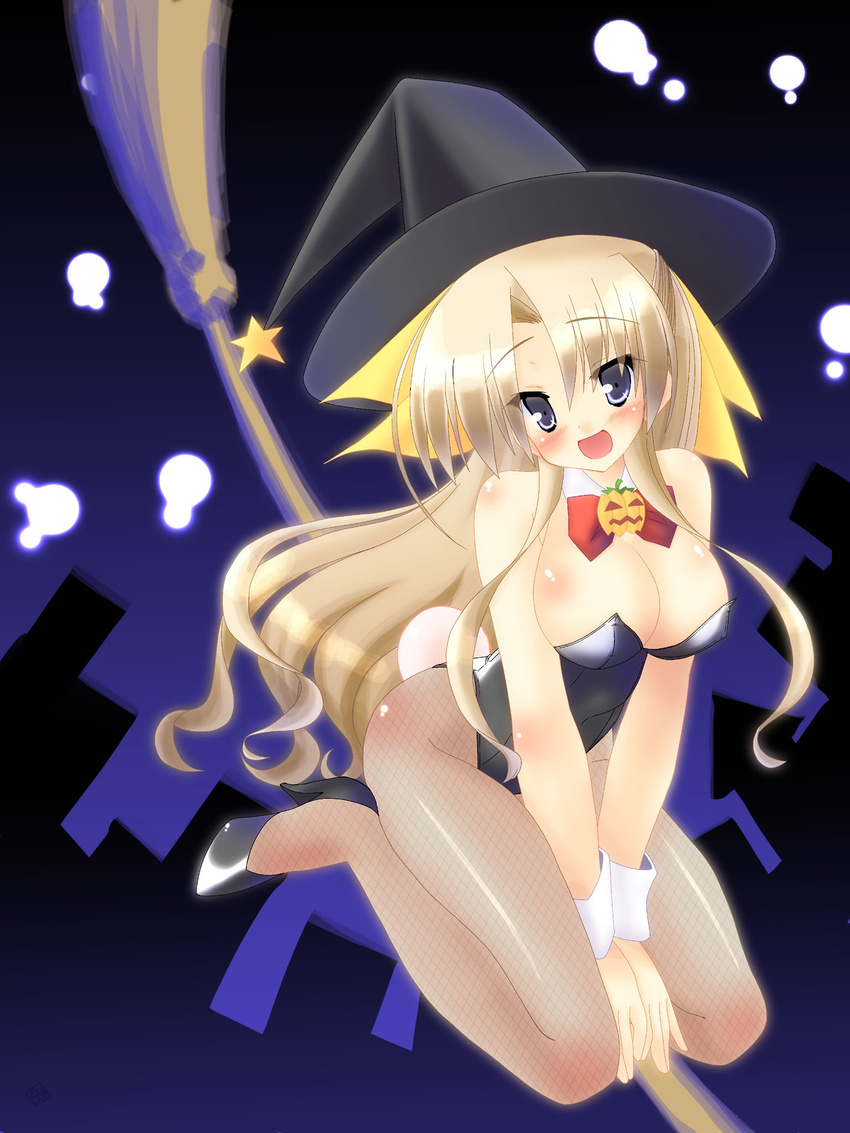 blonde_hair broom bunny_girl bunny_tail bunnysuit canvas_(cocktail_soft) fishnet_pantyhose fishnets halloween hat highres jack-o'-lantern leotard long_hair pantyhose purple_eyes ribbon saano_chia sakurazuka_ren solo tail witch_hat