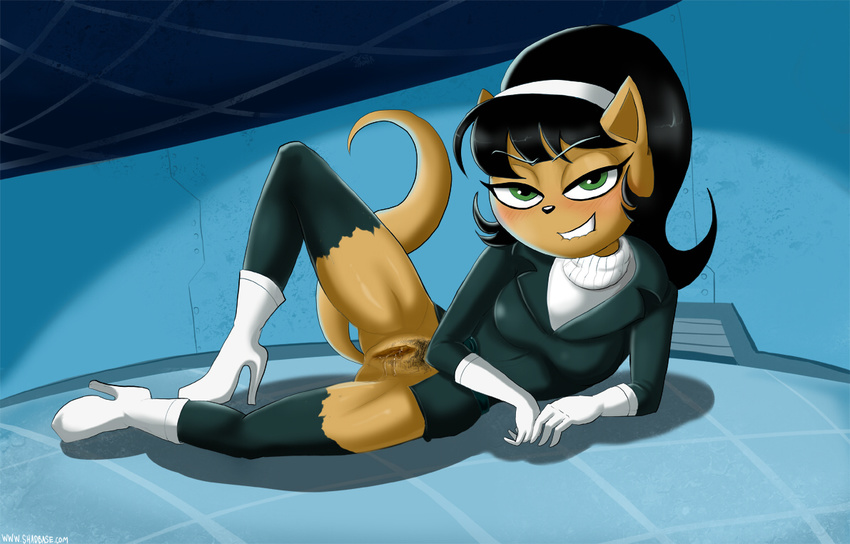 anthro big_breasts biting_lip black_hair blush breasts cat clothing feline female green_eyes hair kitty_katswell looking_at_viewer mammal pubes pussy pussy_juice smile t.u.f.f._puppy teal_clothing teal_skin therealshadman torn_clothing wet