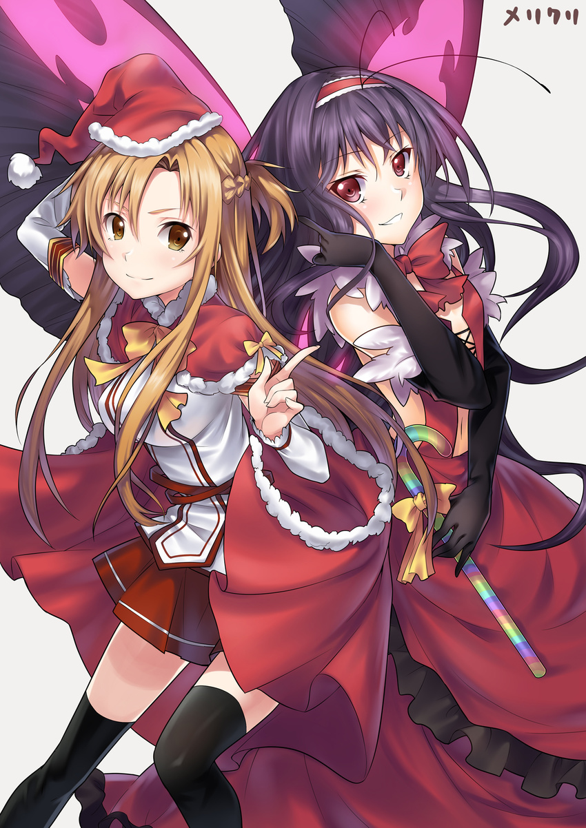 accel_world antennae arm_up asuna_(sao) bad_id bad_pixiv_id black_gloves black_hair black_legwear bow brown_eyes brown_hair candy candy_cane cape capelet christmas creator_connection dress elbow_gloves food frills gloves hairband hat highres index_finger_raised kuroyukihime long_hair looking_at_viewer merry_christmas multiple_girls red_eyes santa_hat skirt smile sword_art_online thighhighs touwa_nikuman v