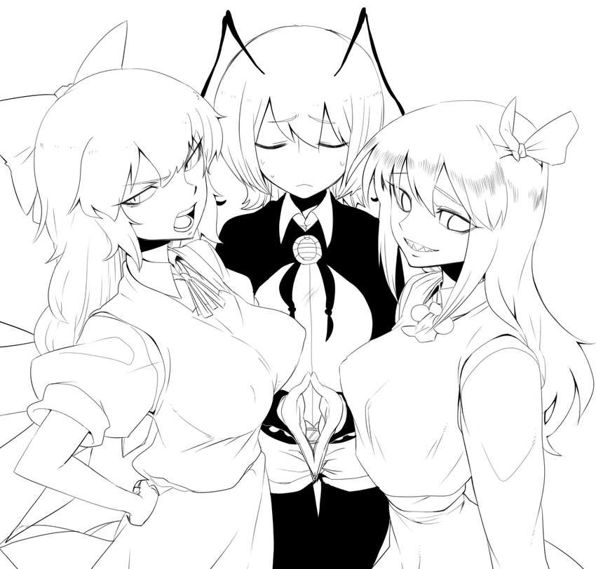 antennae bow breasts cirno closed_eyes greyscale hair_bow insect_girl large_breasts monochrome multiple_girls older rumia sharp_teeth space_jin teeth touhou wriggle_nightbug
