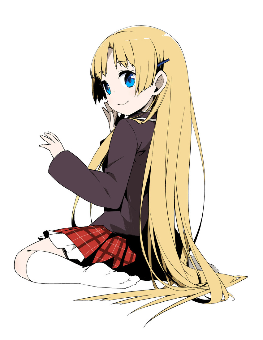 alternate_hairstyle blonde_hair blue_eyes chuunibyou_demo_koi_ga_shitai! dekomori_sanae hair_down hair_ornament hairclip highres kneehighs kusano_houki long_hair looking_at_viewer revision school_uniform simple_background sitting skirt smile solo very_long_hair wariza white_background white_legwear