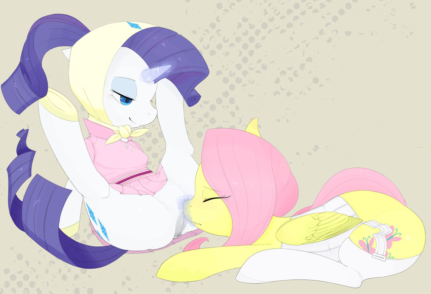 anus blue_eyes clothing cutie_mark duo equine eyes_closed female feral fluttershy_(mlp) force friendship_is_magic fur hair half-closed_eyes horn horse japananon legwear lesbian lingerie magic mammal my_little_pony oral pegasus pink_hair pony purple_hair pussy rarity_(mlp) smile spread_legs spreading thigh_highs unicorn unknown_artist white_fur wings yellow_fur