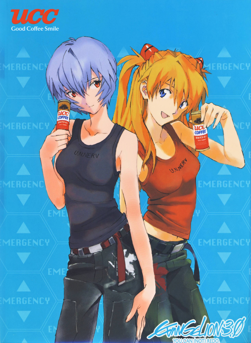 ayanami_rei belt blue_eyes breasts can evangelion:_3.0_you_can_(not)_redo hair_ornament highres holding honda_takeshi long_hair multiple_girls neon_genesis_evangelion non-web_source orange_hair product_placement rebuild_of_evangelion red_eyes scan shikinami_asuka_langley short_hair small_breasts smile souryuu_asuka_langley tank_top ucc_coffee
