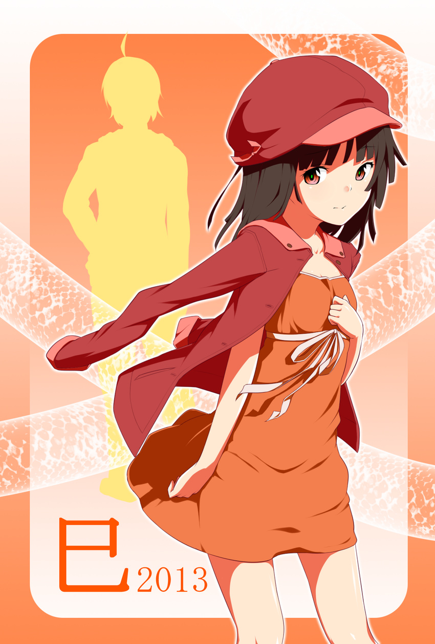 2013 bakemonogatari black_hair dress hand_on_own_chest hat highres long_hair monogatari_(series) ninnzinn outline red_eyes ribbon sengoku_nadeko solo