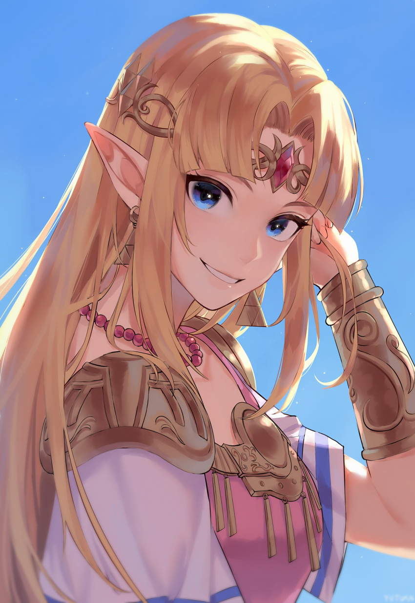 1girl adjusting_hair armor bangs bead_necklace beads blonde_hair blue_eyes earrings gradient gradient_background highres jewelry liyuchen1126 long_hair looking_at_viewer necklace nintendo pointy_ears princess_zelda sidelocks smile solo super_smash_bros. super_smash_bros._ultimate the_legend_of_zelda tiara triforce vambraces