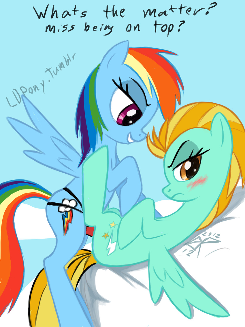 amber_eyes blue_fur blush cutie_mark dildo duo english_text equine female feral friendship_is_magic fur green_fur hair horse ldr lesbian lightning_dust_(mlp) mammal multi-colored_hair my_little_pony orange_hair pegasus penetration pony purple_eyes rainbow_dash_(mlp) rainbow_hair rainbow_tail sex sex_toy simple_background smile strapon text two_tone_hair wing_boner wings