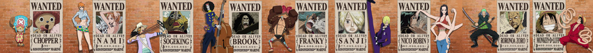 2girls 6+boys 6boys absurdres afro antlers blue_hair brick_wall brook character_name checkered checkered_shirt cigarette cyborg extra_arms franky green_hair hana_hana_no_mi hands_on_hips hat highres long_image midriff monkey_d_luffy multi_limb multiple_boys multiple_girls nami nami_(one_piece) nico_robin official_art one_piece one_piece_film_z orange_hair pirate polka_dot reindeer roronoa_zoro sanji scar screencap shirt skeleton skirt sling_shot slingshot smile stitched straw_hat straw_hat_pirates sword tony_tony_chopper usopp wanted_poster weapon wide_image x_(symbol)
