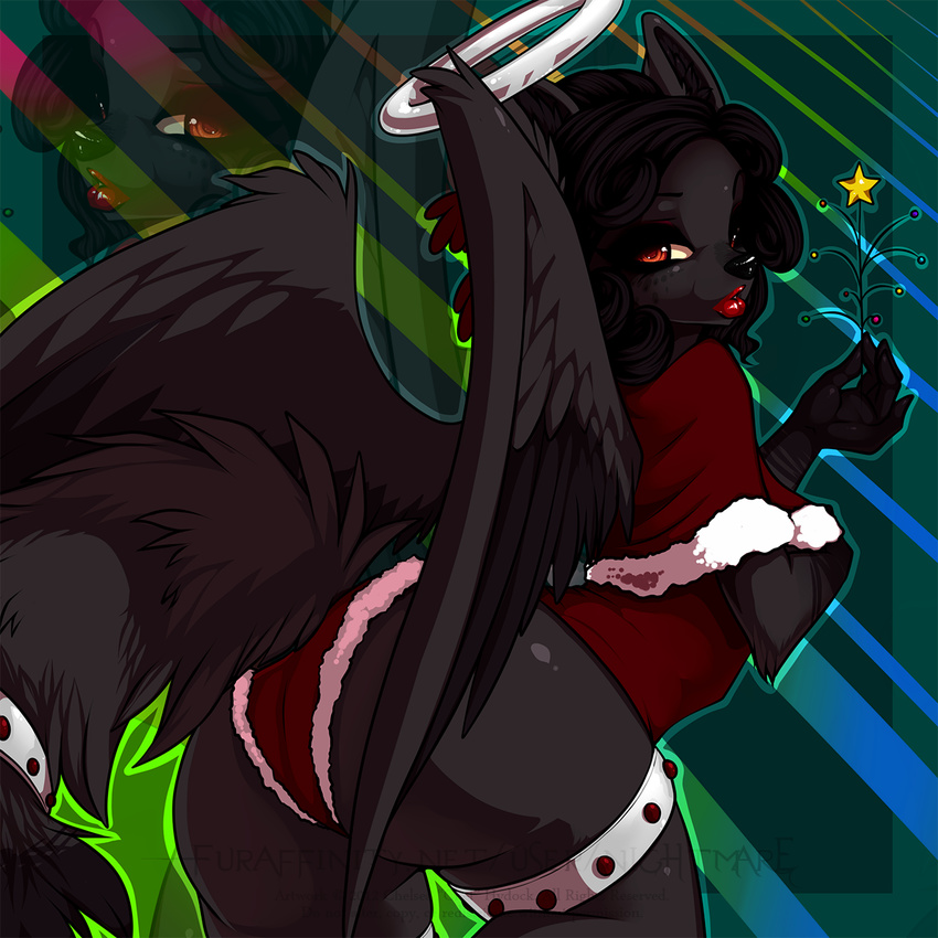 abstract_background big_butt black_fur black_nose butt canine christmas clothing ears_up erotic fluffy_tail halo hands holidays looking_at_viewer looking_back nails nightmare_(artist) orange_eyes outline presenting presenting_hindquarters red_clothing red_lipstick solo standing star watermark wings wolf