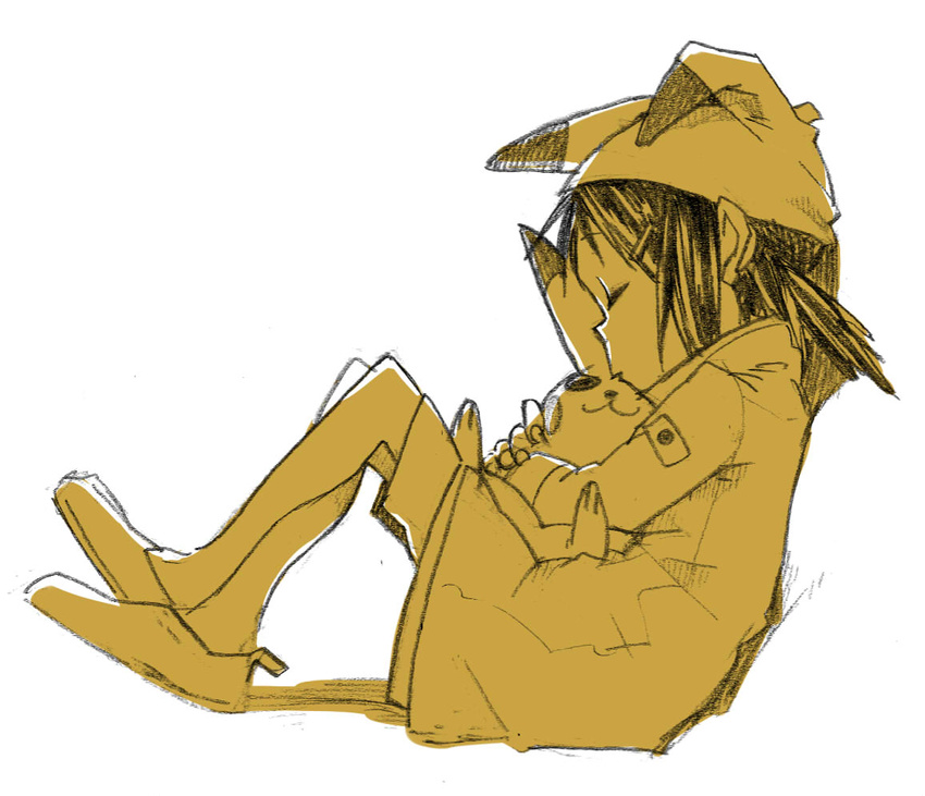 a-ka animal_ears closed_eyes coat epaulettes gen_1_pokemon gorillaz hat noodle_(gorillaz) pikachu pointy_ears pokemon pokemon_(creature) simple_background sitting sketch sleeping