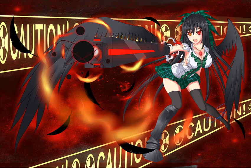 alternate_weapon arm_cannon black_hair black_sun black_wings breasts caution cleavage energy_ball ga_rune_pose gmot hair_ribbon highres large_breasts long_hair mismatched_legwear plaid plaid_skirt pleated_skirt radiation_symbol red_eyes reiuji_utsuho ribbon shirt skirt solo sun symbol-shaped_pupils thighhighs third_eye torn_clothes torn_shirt touhou very_long_hair weapon wings