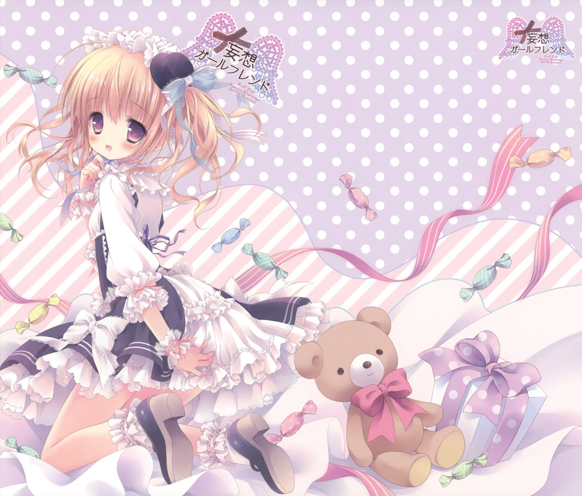 :d absurdres blonde_hair blush candy chin_strap copyright_request diagonal_stripes dress food frilled_dress frilled_legwear frilled_sleeves frills gift hairband hat highres kneeling lolita_fashion lolita_hairband mini_hat mini_top_hat morinaga_korune open_mouth polka_dot polka_dot_background purple_eyes ribbon shoes smile socks solo striped striped_background stuffed_animal stuffed_toy teddy_bear top_hat white_legwear