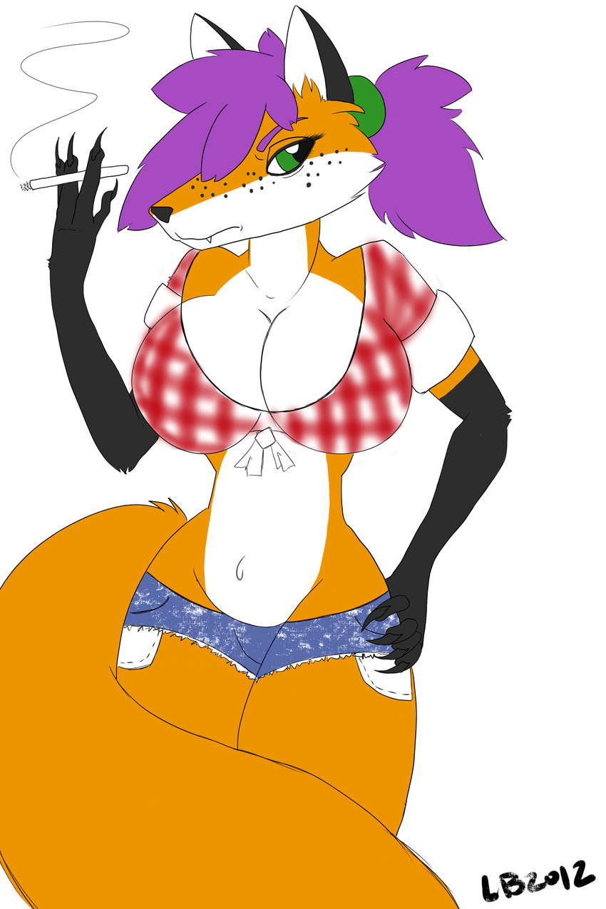 anthro big_breasts breasts canine cigarette claws cleavage clothed clothing color dressed female fox fur green_eyes hair half-dressed looking_at_viewer male mammal oldmusic oldmusic_(artist) plain_background pose smoking solo standing straight white_fur