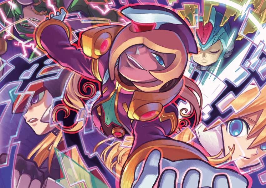 4boys blonde_hair blue_eyes ciel_(rockman) elpis green_eyes harpuia kin_niku multiple_boys purple_eyes rockman rockman_zero rockman_zero_2 x_(rockman) zero_(rockman)