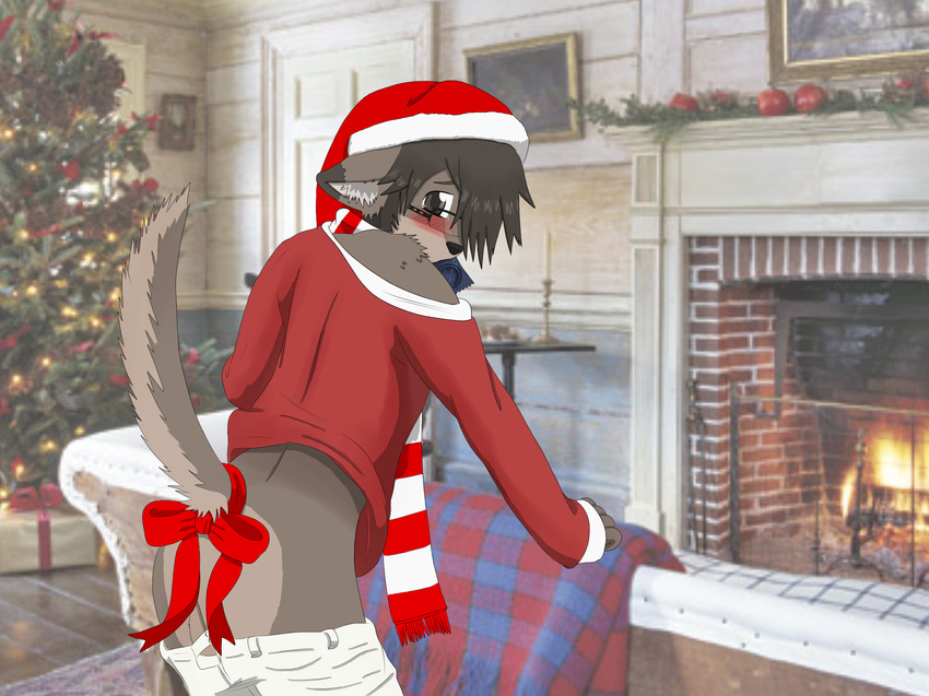 blush bottomless butt canine chancebandit christmas clothed clothing condom coyote cute eyewear gift girly glasses half-dressed holidays looking_at_viewer male mammal presenting ribbons scarf skimpy solo