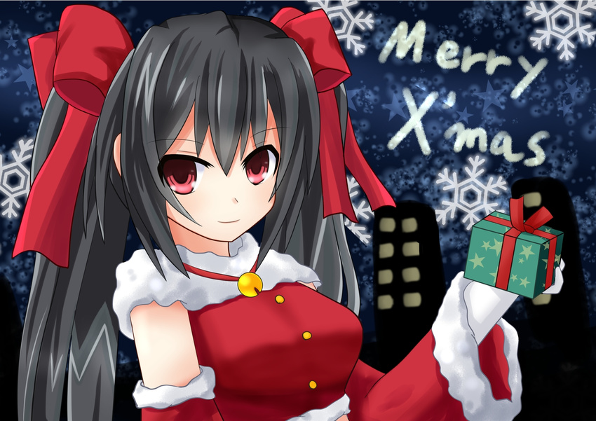 alternate_costume bell black_hair bow christmas detached_sleeves ears gift hair_bow hair_ornament highres long_hair neptune_(series) noire red_eyes sarvuant smile snowflakes solo star twintails very_long_hair